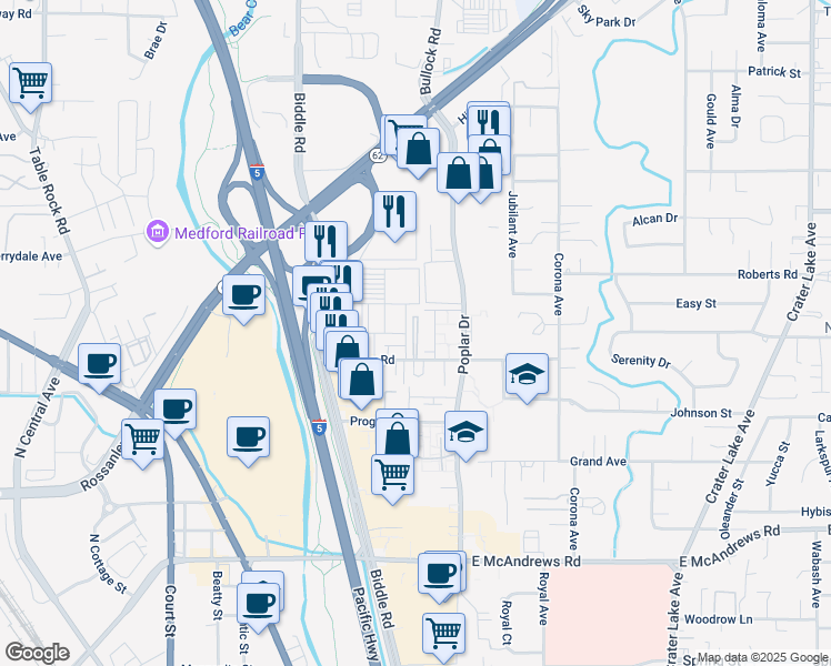 map of restaurants, bars, coffee shops, grocery stores, and more near 1801 Poplar Drive in Medford