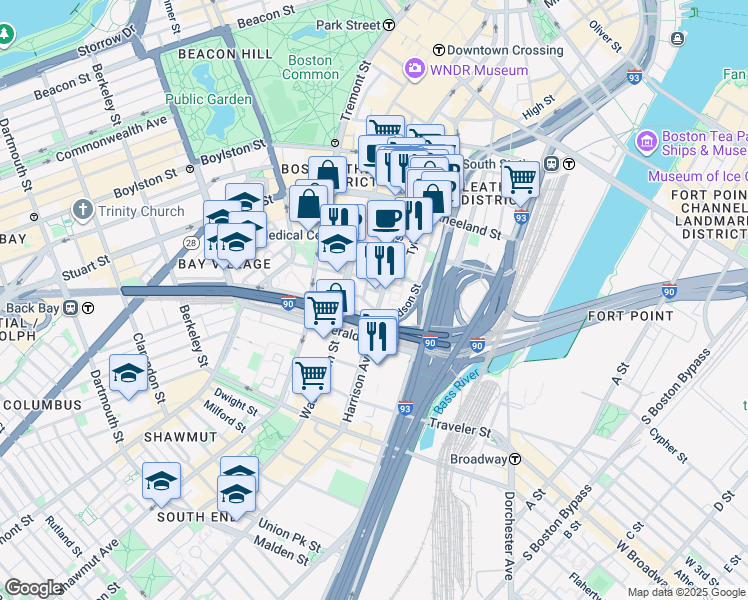 map of restaurants, bars, coffee shops, grocery stores, and more near 232 Harrison Avenue in Boston