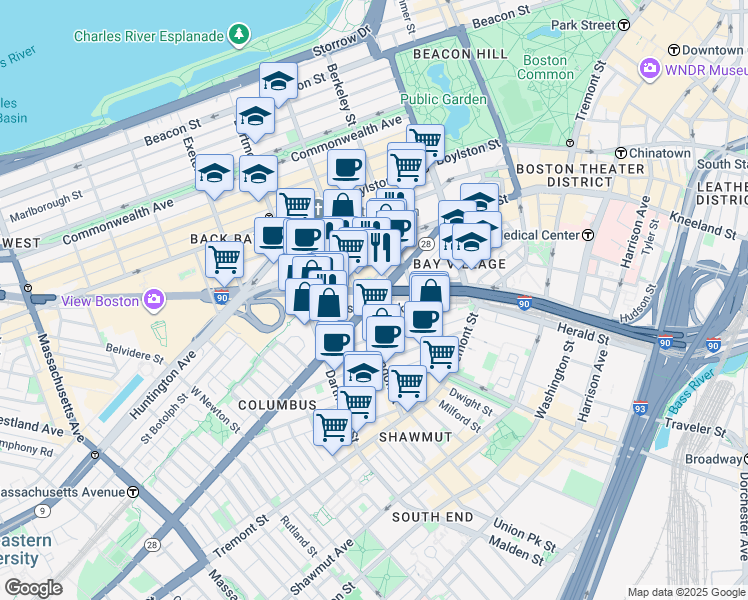 map of restaurants, bars, coffee shops, grocery stores, and more near in Boston