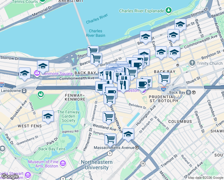 map of restaurants, bars, coffee shops, grocery stores, and more near 959 Boylston Street in Boston