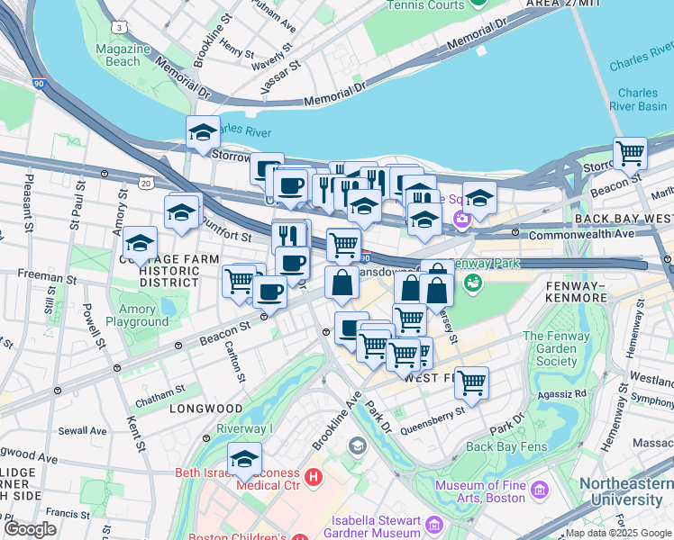 map of restaurants, bars, coffee shops, grocery stores, and more near 46 Mountfort Street in Boston