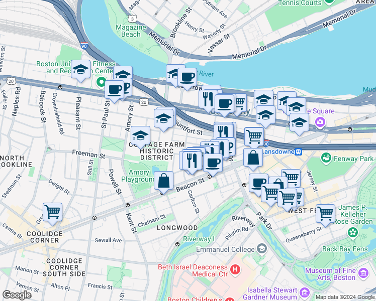 map of restaurants, bars, coffee shops, grocery stores, and more near 121 Carlton Street in Brookline