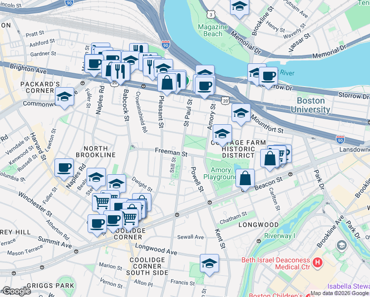 map of restaurants, bars, coffee shops, grocery stores, and more near 175 Freeman Street in Brookline