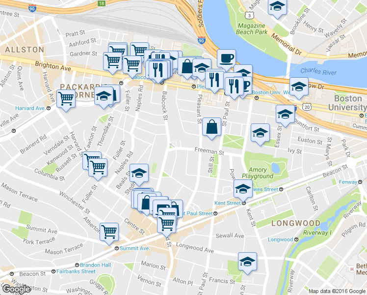 map of restaurants, bars, coffee shops, grocery stores, and more near 217 Freeman Street in Brookline