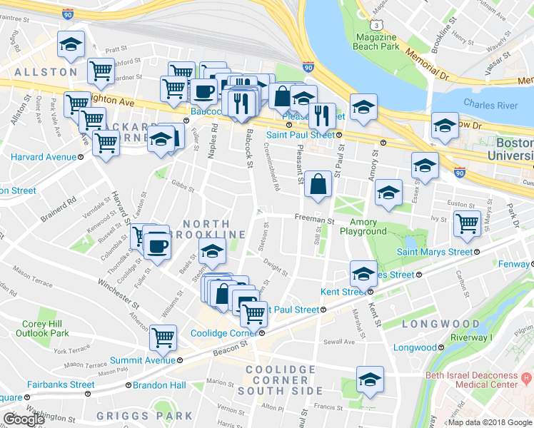 map of restaurants, bars, coffee shops, grocery stores, and more near 145 Babcock Street in Brookline