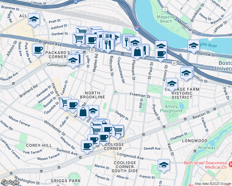 map of restaurants, bars, coffee shops, grocery stores, and more near 145 Babcock Street in Brookline