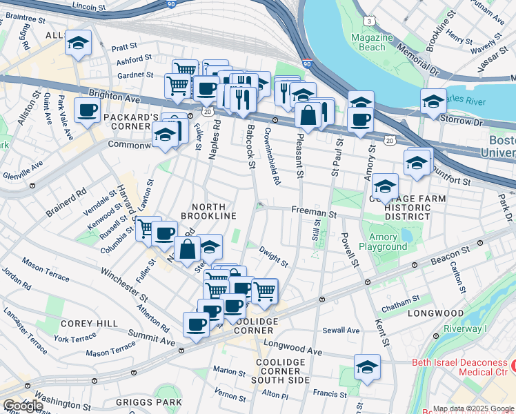 map of restaurants, bars, coffee shops, grocery stores, and more near 145 Babcock Street in Brookline