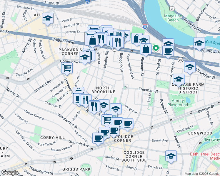 map of restaurants, bars, coffee shops, grocery stores, and more near 120 Stedman Street in Brookline