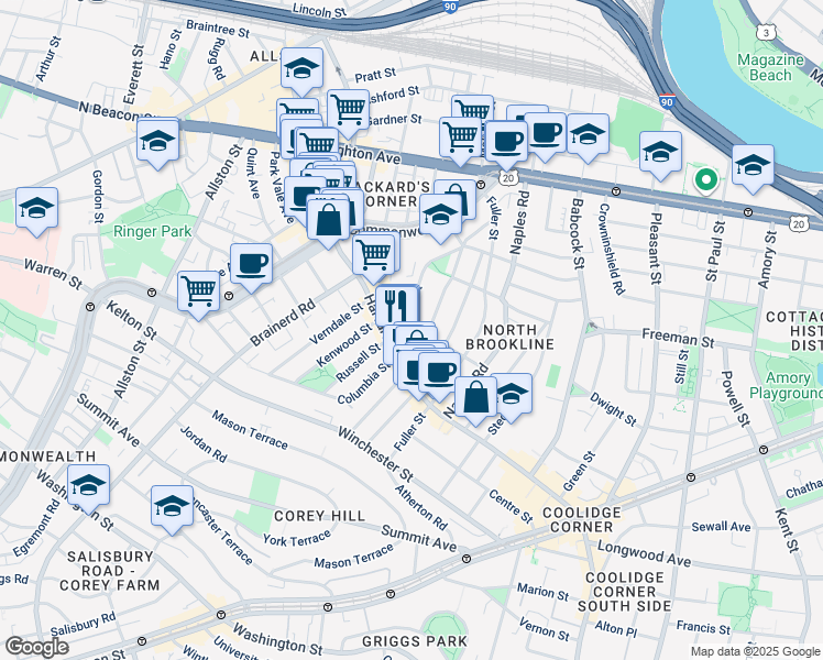 map of restaurants, bars, coffee shops, grocery stores, and more near 38 Lawton Street in Brookline