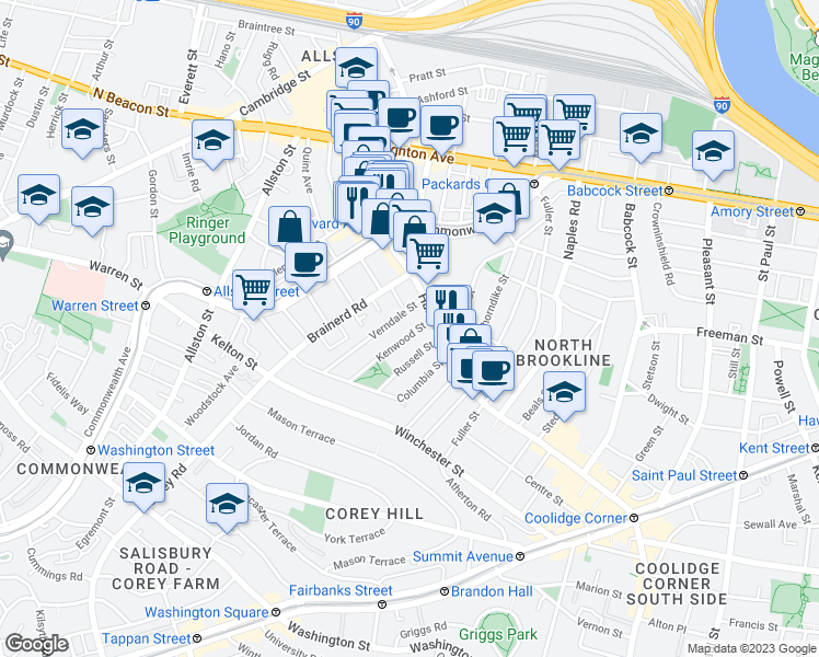 map of restaurants, bars, coffee shops, grocery stores, and more near 16 Verndale Street in Brookline