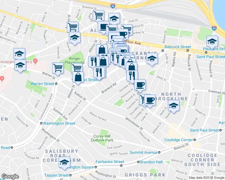 map of restaurants, bars, coffee shops, grocery stores, and more near 65 Brainerd Road in Boston