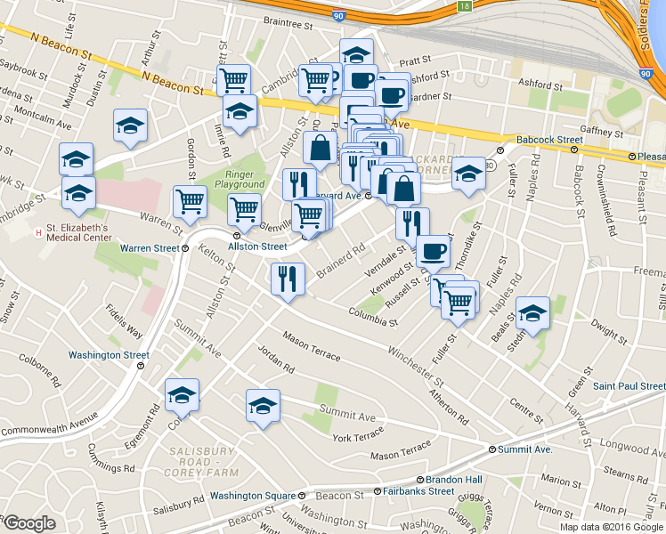 map of restaurants, bars, coffee shops, grocery stores, and more near 65 Brainerd Road in Boston