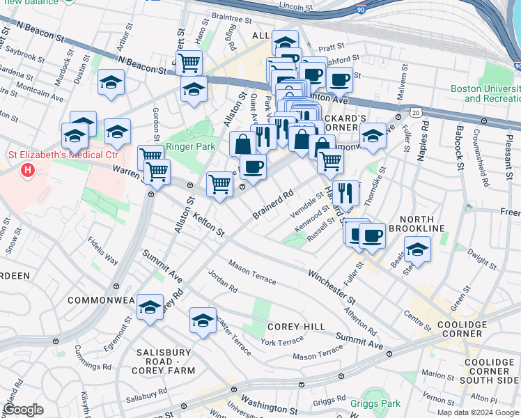 map of restaurants, bars, coffee shops, grocery stores, and more near 65 Brainerd Road in Boston