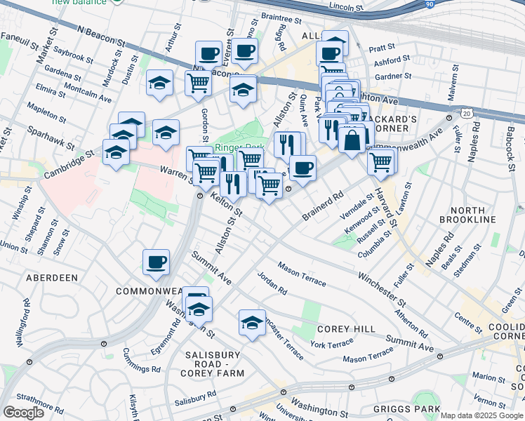map of restaurants, bars, coffee shops, grocery stores, and more near 1348 Commonwealth Avenue in Boston