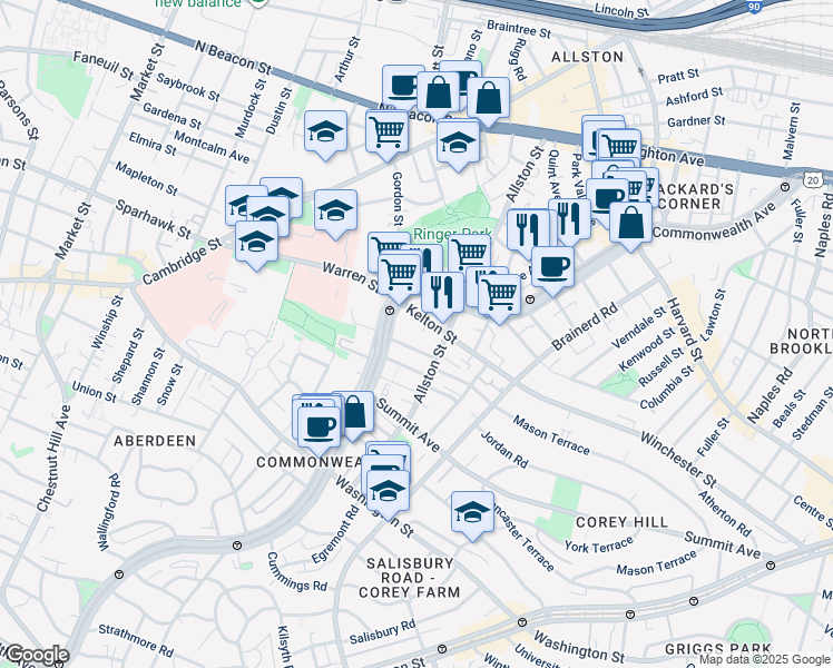 map of restaurants, bars, coffee shops, grocery stores, and more near 153 Kelton Street in Boston