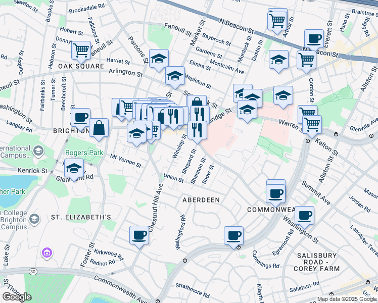 map of restaurants, bars, coffee shops, grocery stores, and more near 18 Winship Street in Boston