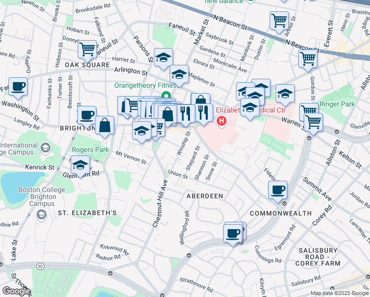 map of restaurants, bars, coffee shops, grocery stores, and more near 18 Winship Street in Boston