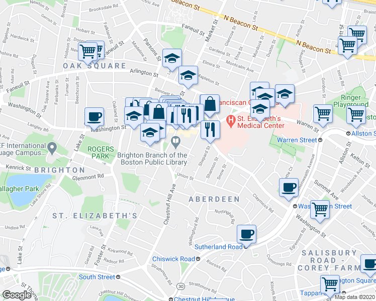map of restaurants, bars, coffee shops, grocery stores, and more near 18 Winship Street in Boston