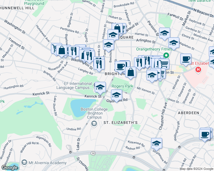 map of restaurants, bars, coffee shops, grocery stores, and more near 226 Lake Street in Boston