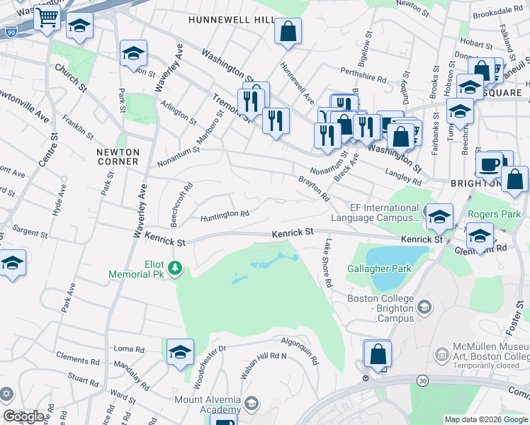 map of restaurants, bars, coffee shops, grocery stores, and more near 112 Huntington Road in Newton