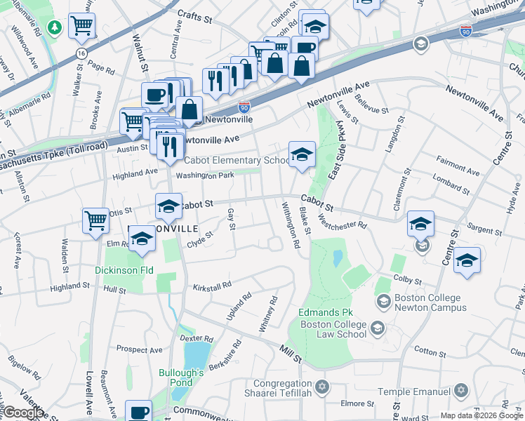 map of restaurants, bars, coffee shops, grocery stores, and more near 262 Cabot Street in Newton