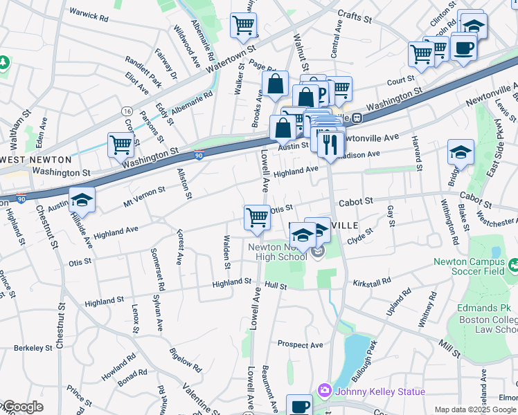 map of restaurants, bars, coffee shops, grocery stores, and more near 269 Lowell Avenue in Newton