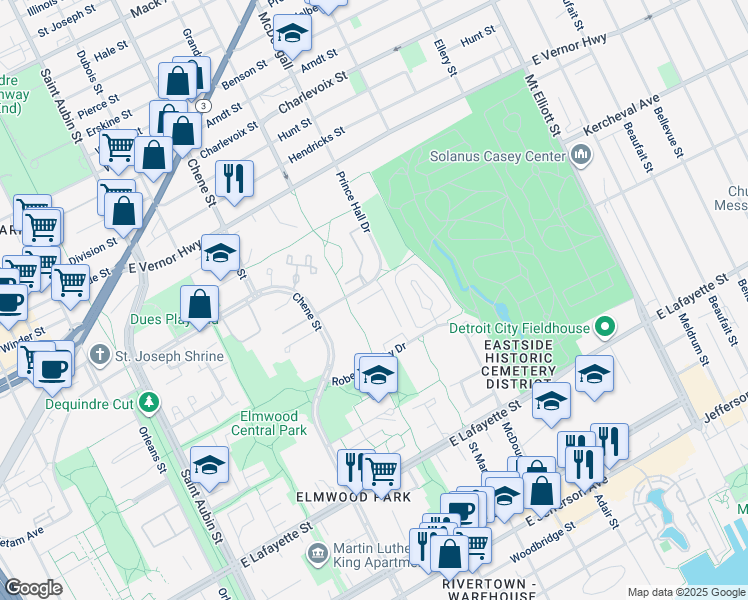map of restaurants, bars, coffee shops, grocery stores, and more near 2962 Prince Hall Drive in Detroit