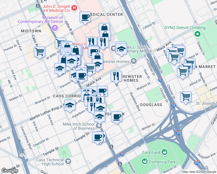 map of restaurants, bars, coffee shops, grocery stores, and more near 290 Eliot Street in Detroit