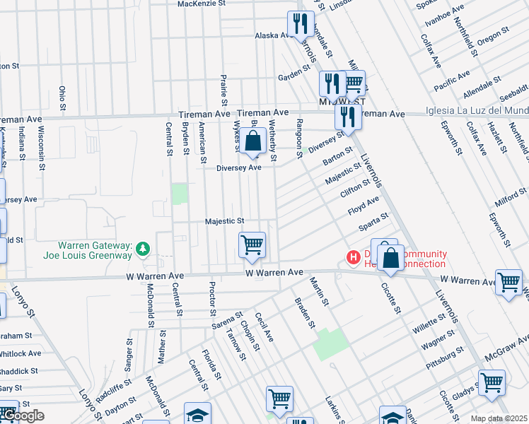 map of restaurants, bars, coffee shops, grocery stores, and more near 7450 Burnette Street in Detroit