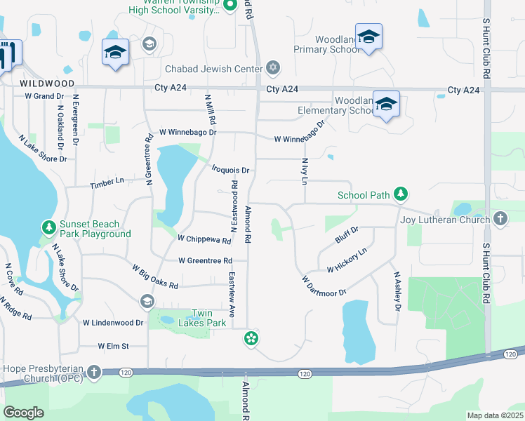 map of restaurants, bars, coffee shops, grocery stores, and more near 17740 Almond Road Bike Path in Gages Lake