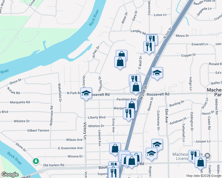 map of restaurants, bars, coffee shops, grocery stores, and more near 8702 North 2nd Street in Machesney Park