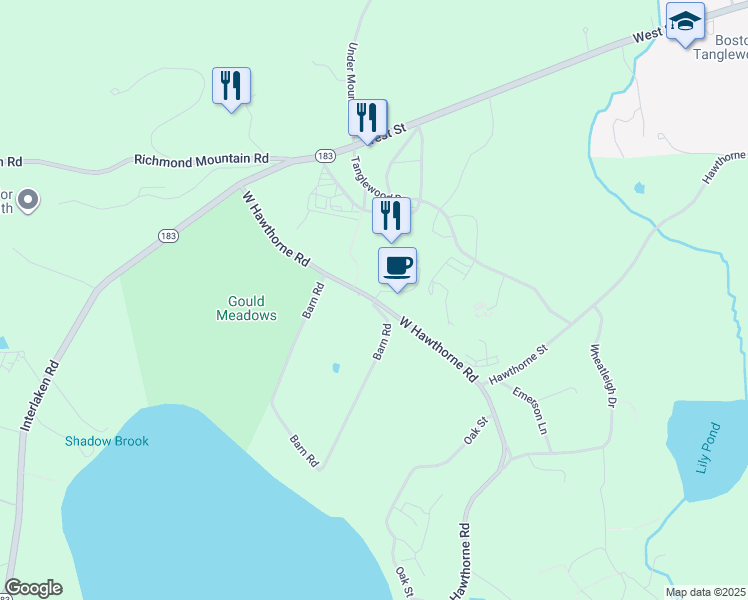 map of restaurants, bars, coffee shops, grocery stores, and more near West Hawthorne Road in West Stockbridge