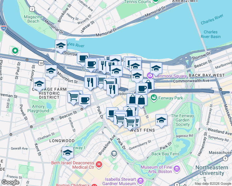 map of restaurants, bars, coffee shops, grocery stores, and more near 46R Mountfort Street in Boston