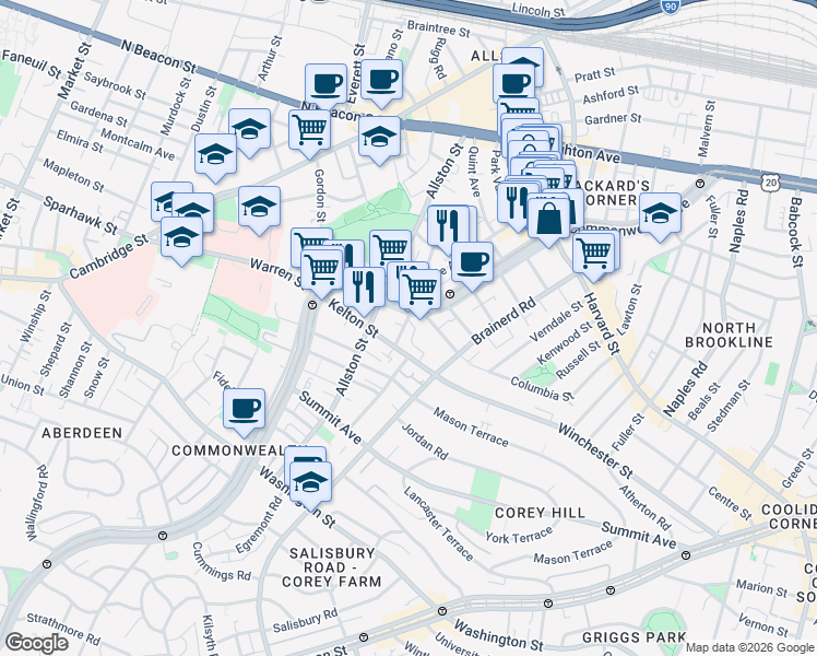 map of restaurants, bars, coffee shops, grocery stores, and more near 1348 Commonwealth Avenue in Boston