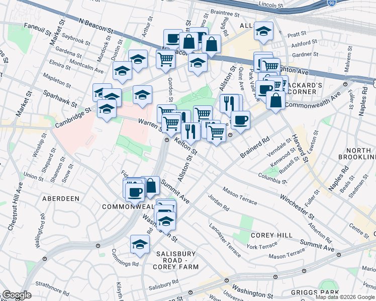 map of restaurants, bars, coffee shops, grocery stores, and more near 164 Kelton Street in Boston