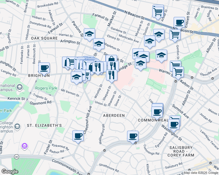 map of restaurants, bars, coffee shops, grocery stores, and more near None in Boston