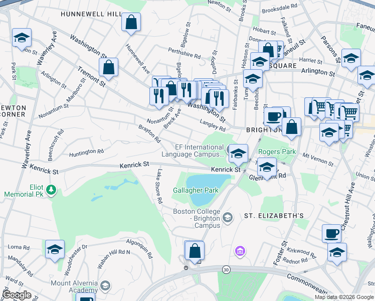 map of restaurants, bars, coffee shops, grocery stores, and more near 48 South Crescent Circuit in Boston