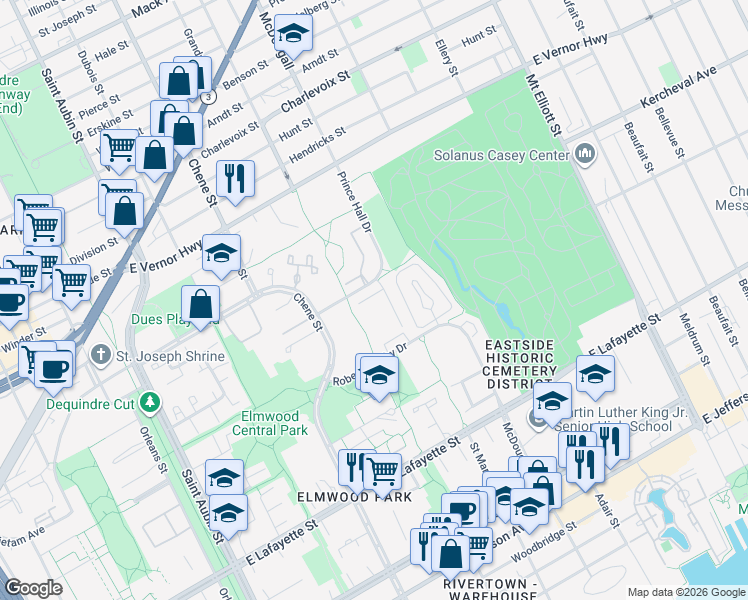 map of restaurants, bars, coffee shops, grocery stores, and more near 2962 Prince Hall Drive in Detroit