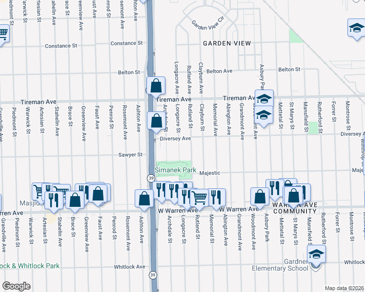 map of restaurants, bars, coffee shops, grocery stores, and more near 7551 Longacre Street in Detroit