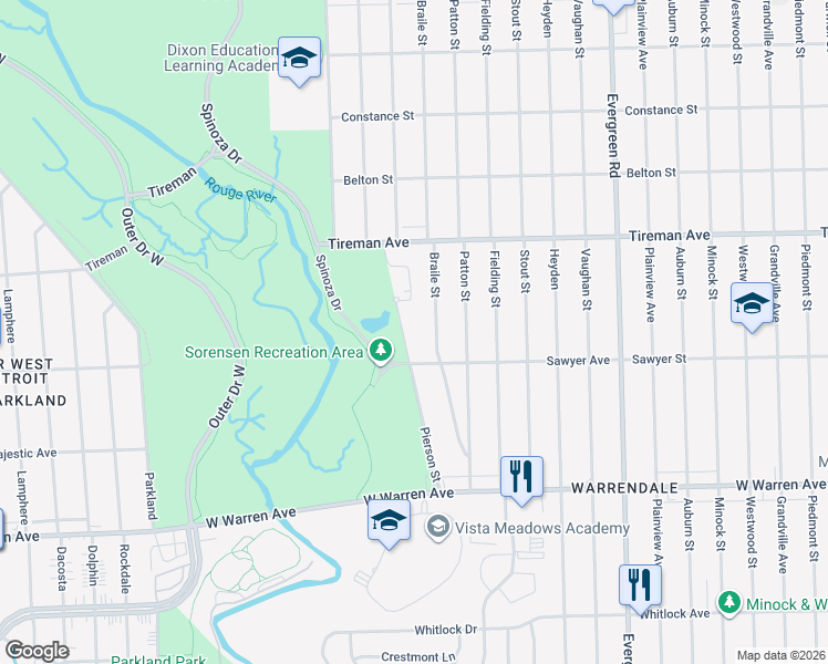 map of restaurants, bars, coffee shops, grocery stores, and more near 7690 Pierson Street in Detroit