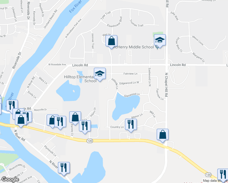 map of restaurants, bars, coffee shops, grocery stores, and more near 1406 Hillside Lane in McHenry