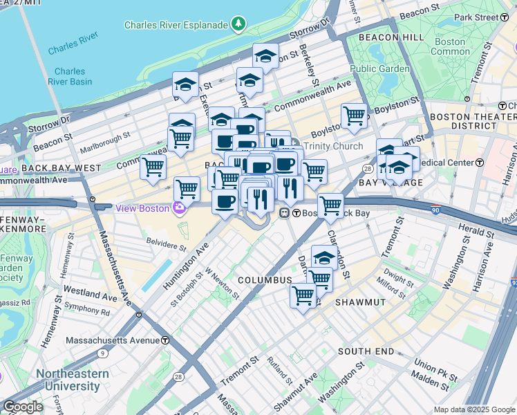 map of restaurants, bars, coffee shops, grocery stores, and more near 2 Copley Place in Boston