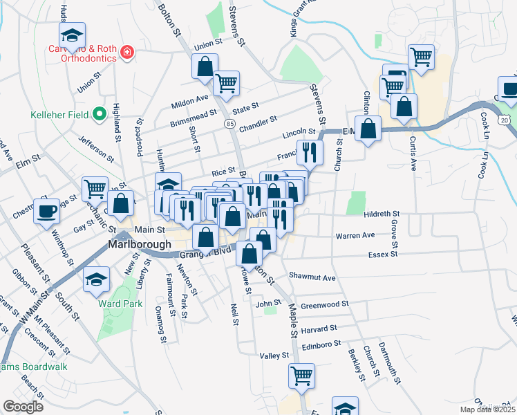map of restaurants, bars, coffee shops, grocery stores, and more near 22 Bolton Street in Marlborough