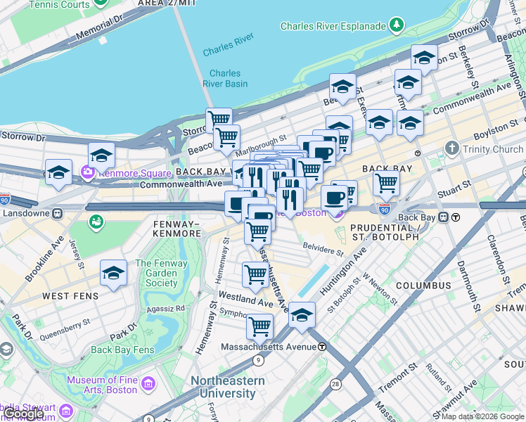 map of restaurants, bars, coffee shops, grocery stores, and more near 1001 Boylston Street in Boston