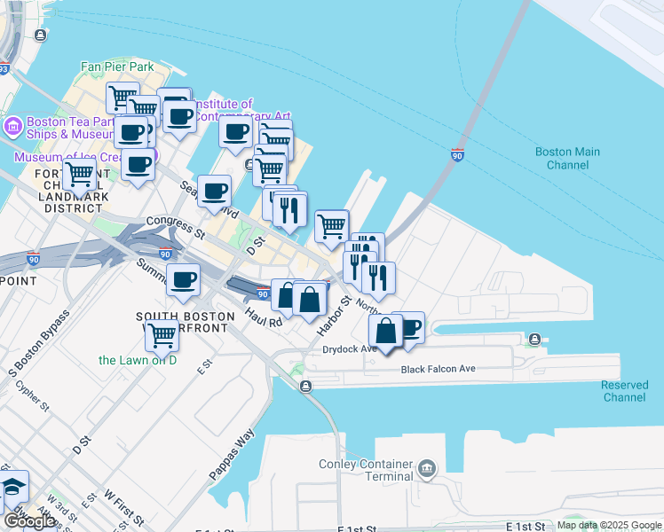 map of restaurants, bars, coffee shops, grocery stores, and more near 302 Northern Avenue in Boston