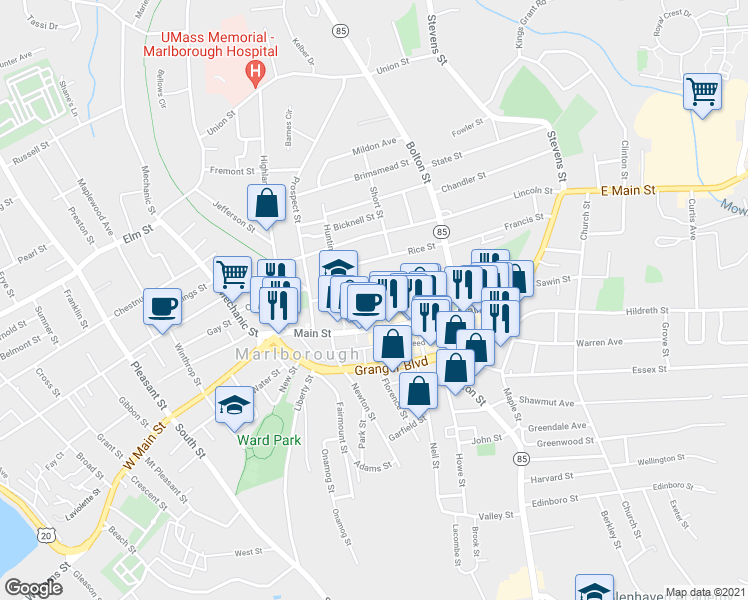 map of restaurants, bars, coffee shops, grocery stores, and more near 26 McEnelly Street in Marlborough