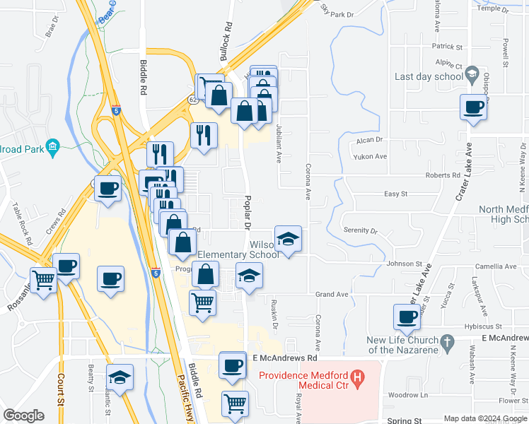 map of restaurants, bars, coffee shops, grocery stores, and more near 1377 Morrow Road in Medford
