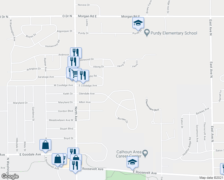 map of restaurants, bars, coffee shops, grocery stores, and more near 421 Alton Avenue in Battle Creek