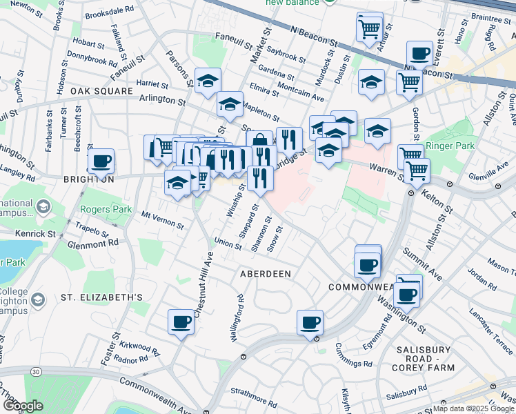 map of restaurants, bars, coffee shops, grocery stores, and more near in Boston