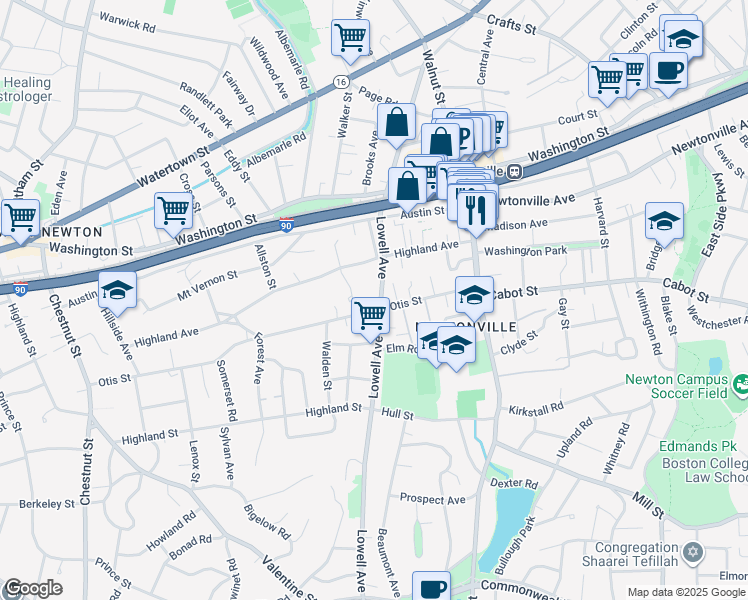 map of restaurants, bars, coffee shops, grocery stores, and more near 269 Lowell Avenue in Newton